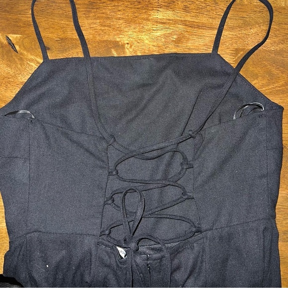 NWT The Workshop Black Linen Spaghetti Strap Dress M Lace up Back with Slit - Picture 10 of 11
